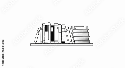 A clean line-art illustration of a shelf filled with books, both standing and stacked