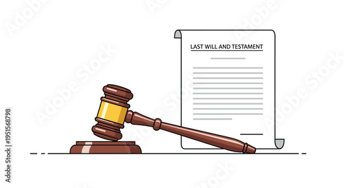 A brown wooden gavel lies beside an unfurled Last Will and Testament document on a stark white background.