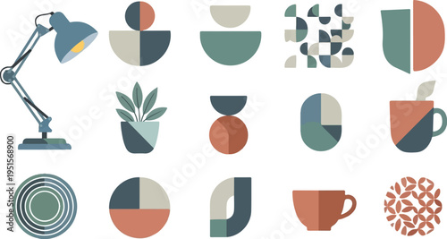 Abstract geometric shapes and objects in earthy tones, including a lamp and a plant