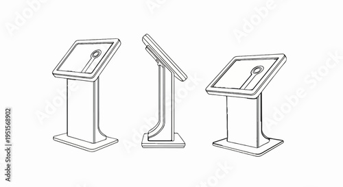 Three views of a digital kiosk stand with a screen displaying a graphic icon