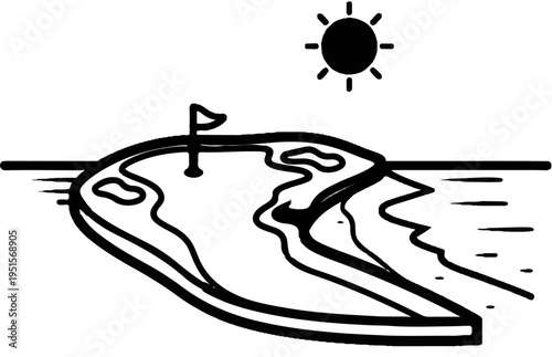 A stylized drawing of a golf hole on a small island under a sun