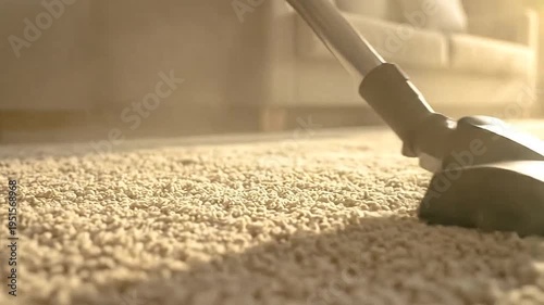 A vacuum cleaner head is actively cleaning a f carpet, removing dust and dirt.