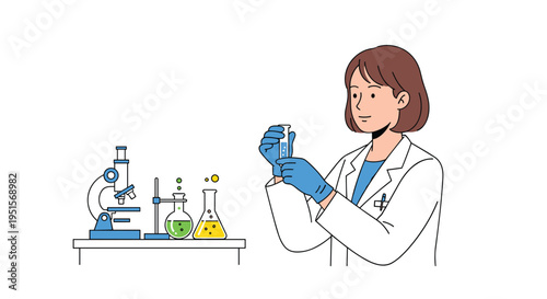 A female scientist in a lab coat and gloves examines a test tube next to a microscope and beakers on a laboratory bench.