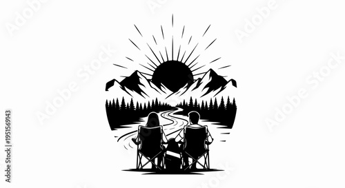 Couple watches a sun rising over mountains, a river flows between trees