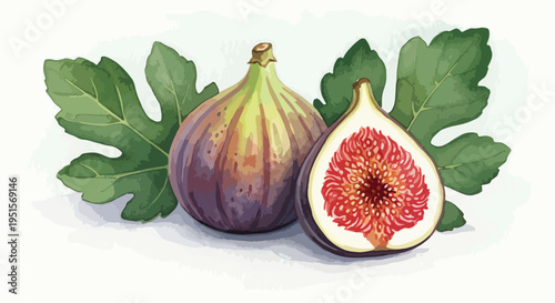 Illustration of a whole and halved fig with green leaves on a white background, showcasing the fruit's interior.