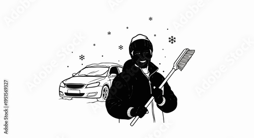 Person clearing snow from car with brush in winter