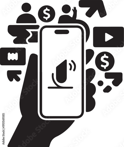 Black and white of hand holding smartphone with voice message and