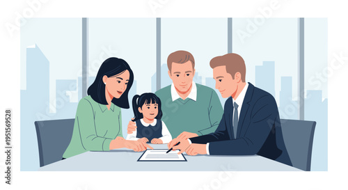 A family of three is sitting at a grey table with a male advisor pointing to a document against a cityscape background.