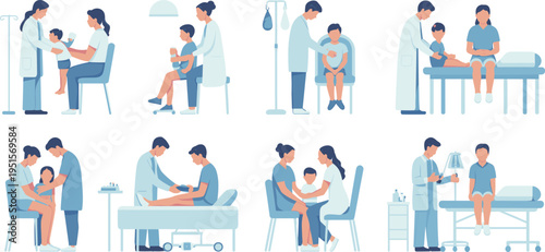 pediatric healthcare illustration set, doctor examining child patient, vaccination checkup scenes, family medical care, clinic treatment, child health concept, vector collection