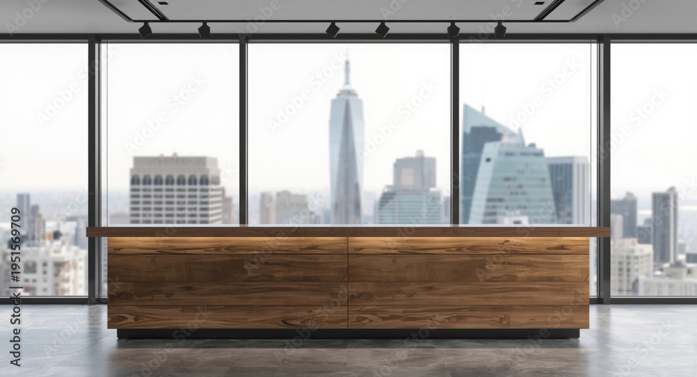 Fototapeta premium Empty retail counter featuring minimalist style and out of focus urban skyline for branding
