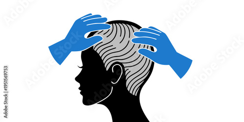 Trichologist examining female patient scalp. Hair loss treatment, dermatology and alopecia concept. Vector illustration of doctor hands in medical gloves touching woman's head silhouette