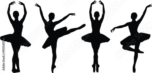 Set of ballerina silhouettes performing classical ballet poses isolated vector illustration for dance studio performance art choreography and graceful movement design projects