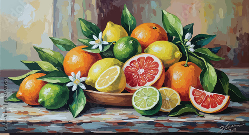 Still life of assorted citrus fruits, including oranges, lemons, limes, and grapefruits, arranged in a bowl on a table with a colorful tablecloth and subtle floral accents.