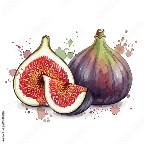 Watercolor illustration of a whole fig and a halved fig with vibrant red interior against a white background with splashes of color.