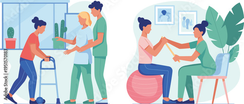 physiotherapy rehabilitation illustration, patient walking training, therapist support session, mobility recovery exercise, healthcare service concept, assisted living care, vector design