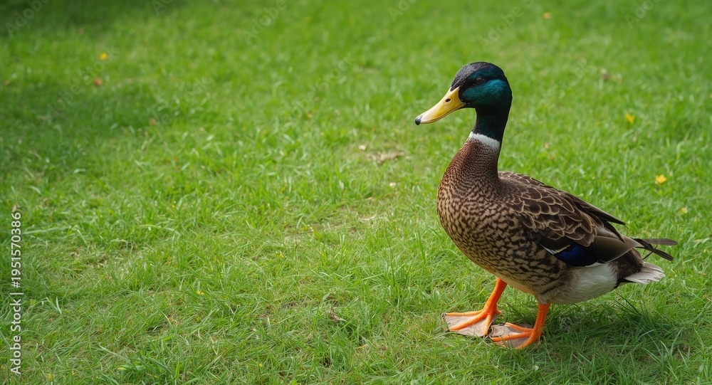 Obraz premium Excited duck pet participating in festive carnival game on bright green summer lawn