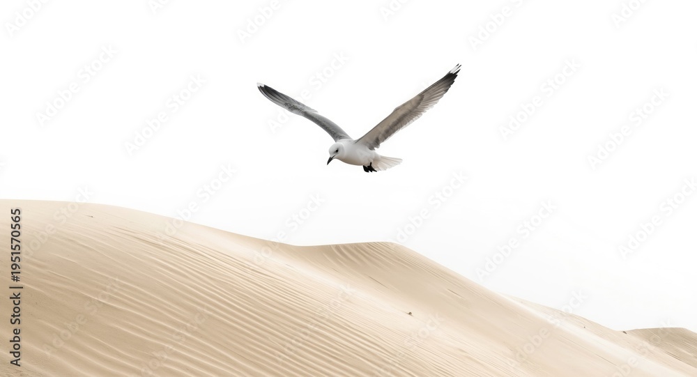 Naklejka premium Seagull gliding above sand dunes against white background
