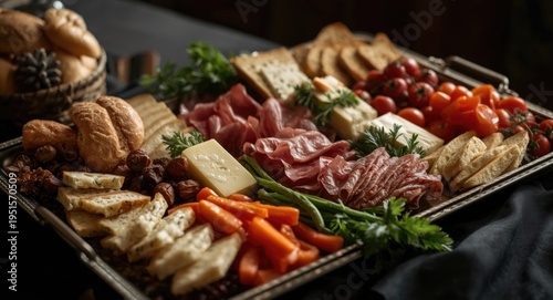 Luxurious wedding catering tray with breads cured meats artisan cheeses and fresh garden vegetables