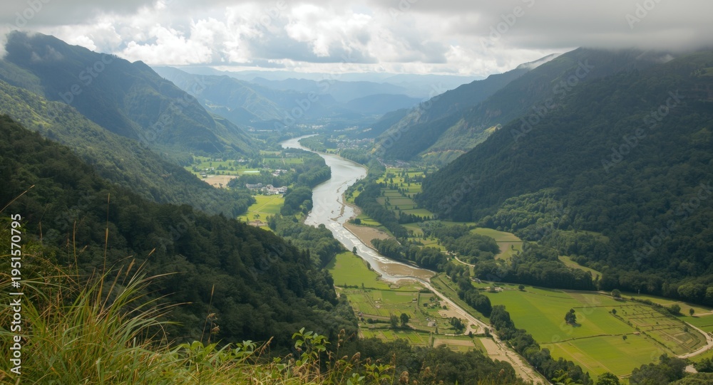 Fototapeta premium Lush river valley extending across green open fields