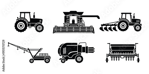 Agricultural machinery vector silhouette set with tractor and farming equipment