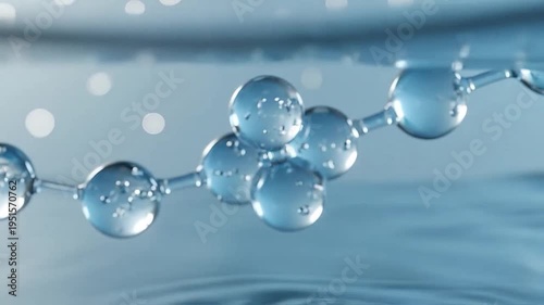 A chain of clear spheres filled with bubbles descends into calm water, creating