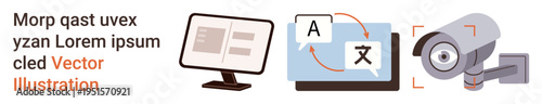 Language services, surveillance systems, digital communication, cybersecurity, technology, translation tools. Monitor, translation symbols and security camera. Language services and surveillance