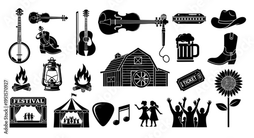 Modern Bluegrass Music Festival Icon Set Featuring Acoustic Instruments And Outdoor Cultural Event Design Elements
