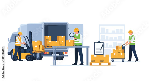 Warehouse Logistics & Delivery: Workers managing supply chain with forklift, inspecting packages, and transporting goods.