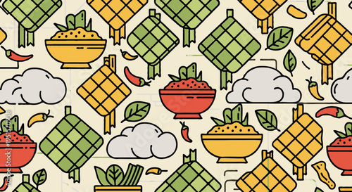 Colorful seamless pattern featuring traditional woven rice containers and festive food bowls, accented with chili peppers and fresh leaves, perfect for cultural culinary themes