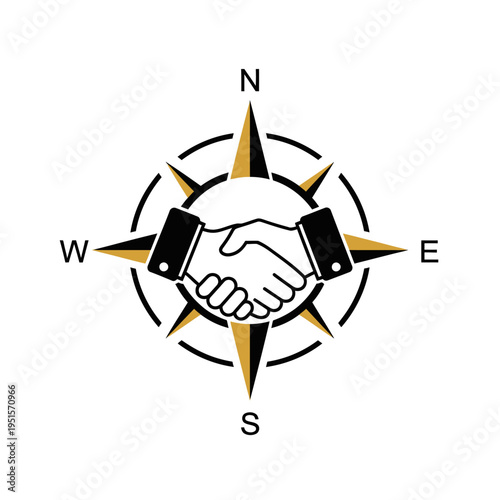 Compass with Handshake - Business Partnership and Navigation Concept
