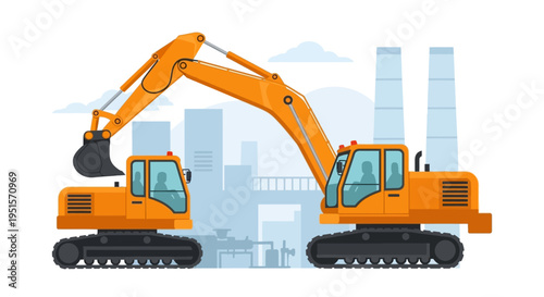Heavy Construction Excavators in Flat Design with Industrial Cityscape Vector