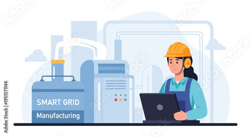 Female Engineer Managing Smart Grid Manufacturing System with Laptop. Industry 4.0, Industrial Automation, and Digital Transformation Concept
