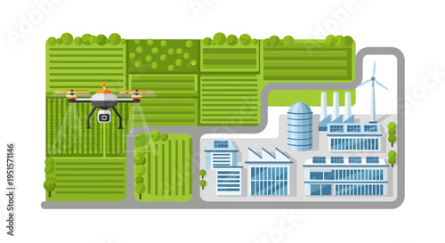 Agricultural Drone Spraying Crops on a Smart Farm with Green Energy and Industrial Buildings - Precision Agriculture Technology Flat Design
