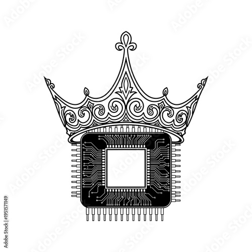 Computer Chip Crown Icon: Technology King, Innovation Symbol, Digital Royalty