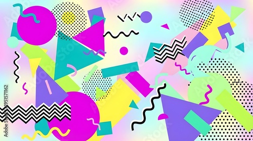 Vibrant Memphis style abstract background with geometric shapes