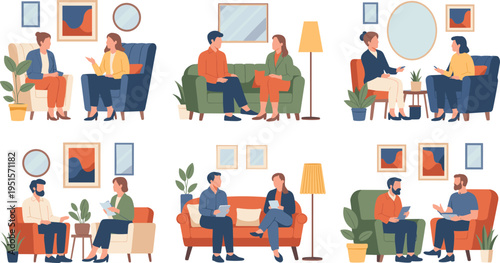 psychotherapy session illustration set, therapist and patient conversation, counseling meeting scenes, mental health support, psychology consultation, communication concept, modern interior design
