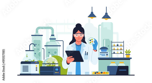 Female Scientist in Modern Lab with Petri Dish & Tablet. Innovative research, biotechnology, and scientific discovery illustration with lab equipment.
