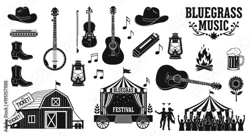 Bold Solid Bluegrass Festival Icon Pack With Country Music Instruments And Outdoor Event Visual Symbols