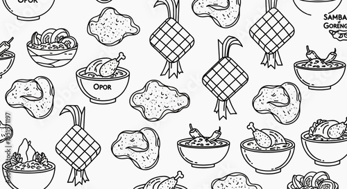 Indonesian Eid al-Fitr Feast Pattern Hand-Drawn Illustrations of Traditional Celebration Foods like Ketupat, Opor Ayam, and Sambal Goreng