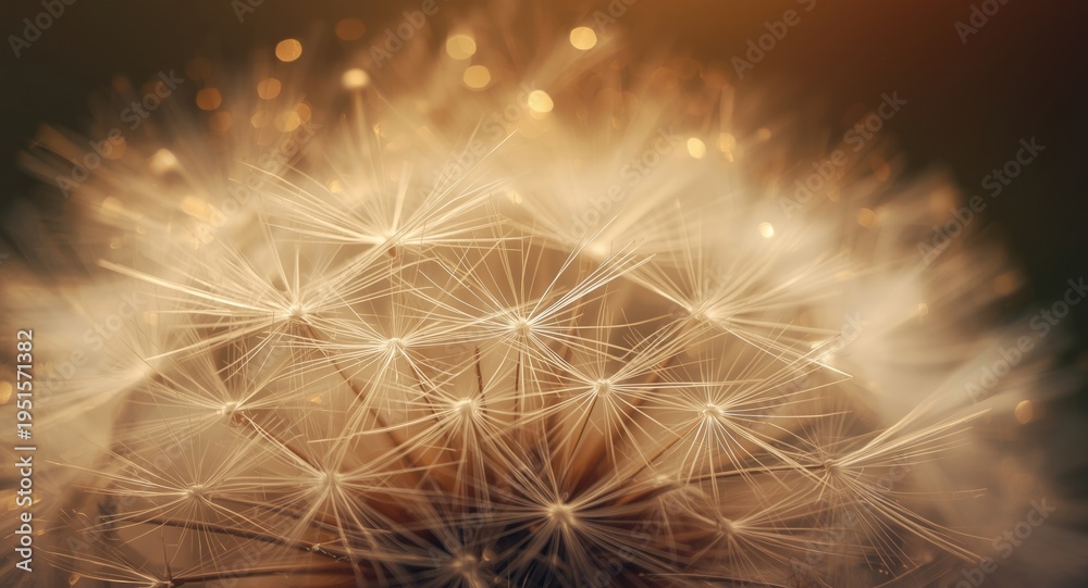 Obraz premium Macro focus on delicate dandelion seed details with warm toned bokeh backdrop