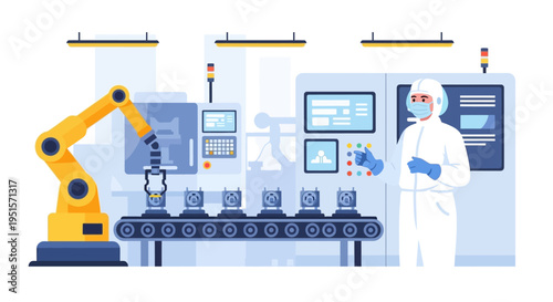 Automated Production Line in Cleanroom: Robotic Arm & Technician Control Panel
