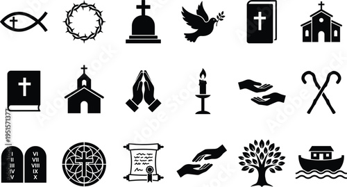 Christian religious symbols icon set including cross, bible, church, praying hands, dove of peace, crown of thorns, and noahs ark vector silhouette.