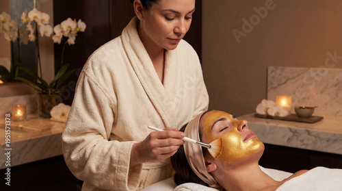 Woman receiving facial treatment applying golden mask in spa setting