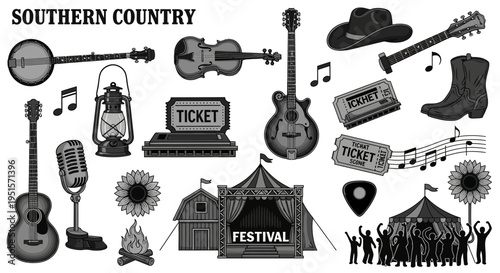 Bold Solid Bluegrass Festival Icon Pack With Country Music Instruments And Outdoor Event Visual Symbols