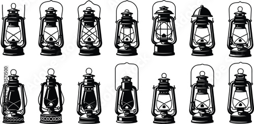 Vintage kerosene lantern vector illustration set featuring classic oil lamps isolated retro camping lighting icons for antique decor design