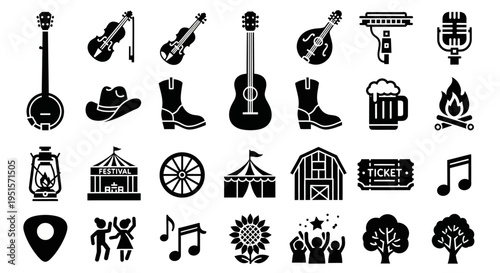 Artistic Bluegrass Festival Icon Set With Musical Instruments And Traditional Cultural Heritage Elements