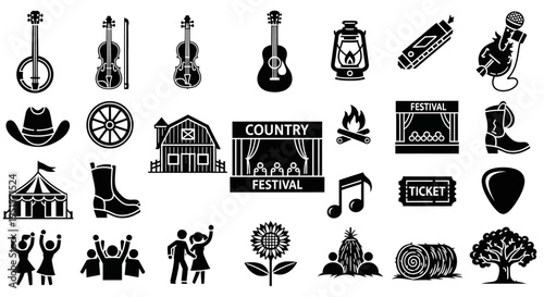 Modern Line Bluegrass Music Icon Pack Featuring Festival Instruments And Outdoor Cultural Event Visual Symbol