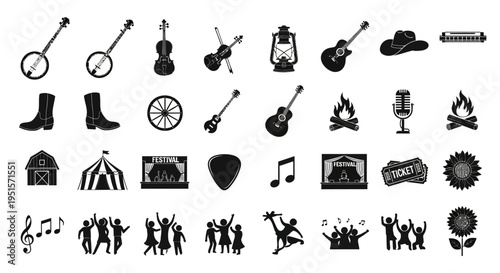 Bold Solid Bluegrass Festival Icon Pack With Country Music Instruments And Outdoor Event Visual Symbols