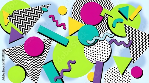 Vibrant Memphis style abstract geometric pattern with 80s retro vibe
