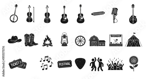 Bold Solid Bluegrass Festival Icon Pack With Country Music Instruments And Outdoor Event Visual Symbols